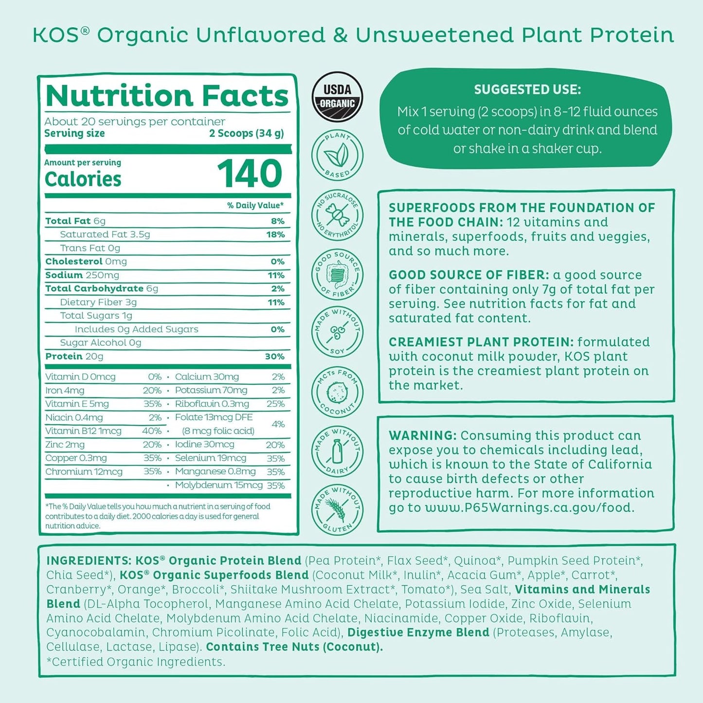 Organic Superfood Vegan Protein Powder, Low Carb Pea Blend - Unflavored & Unsweetened, Keto & Dairy Free - Meal Replacement Rich in Vitamins & Minerals for Men & Women - 20 Servings