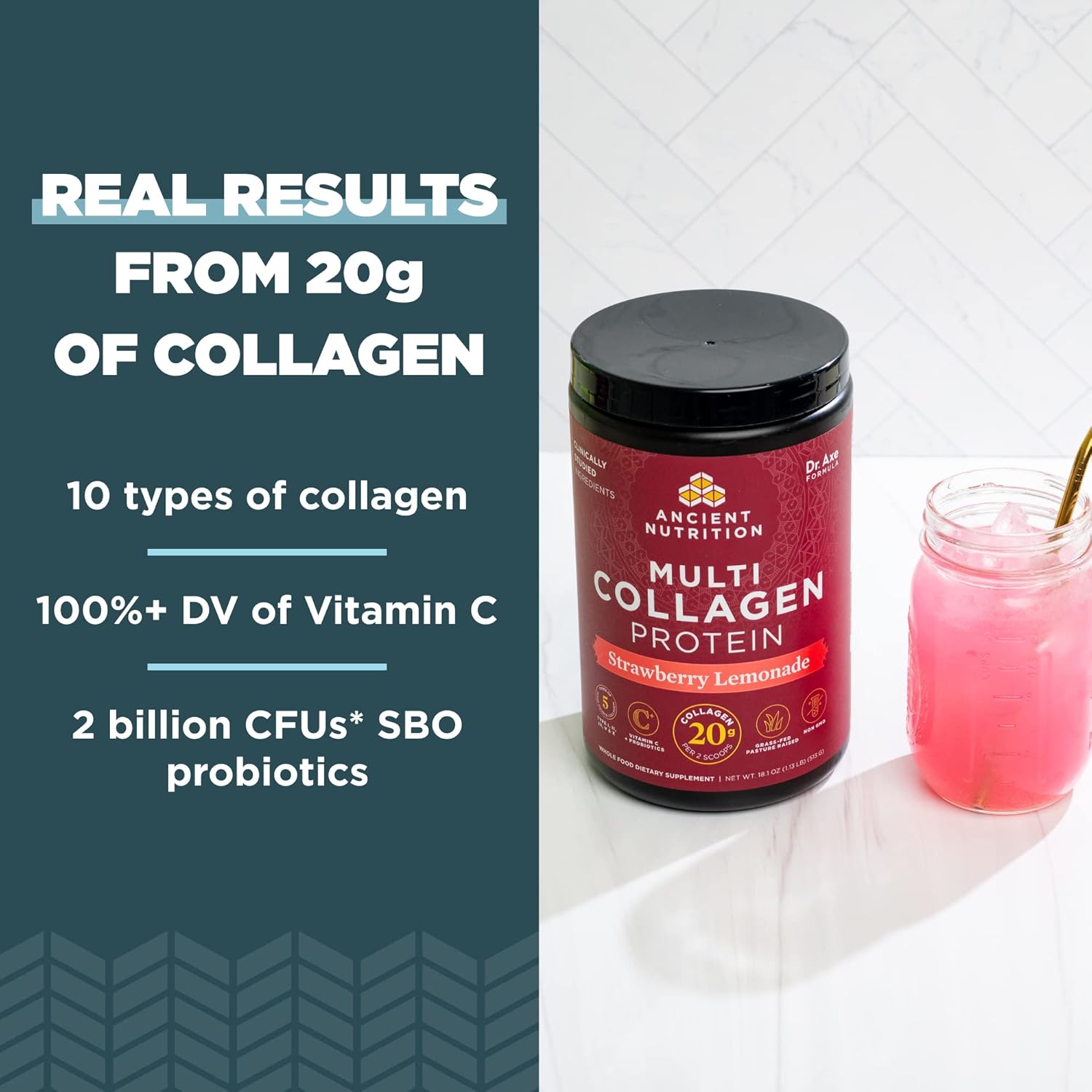 Organic Supergreens Powder & Multi Collagen Protein Bundle - Greens & Strawberry Lemonade Flavors, 25 + 24 Servings