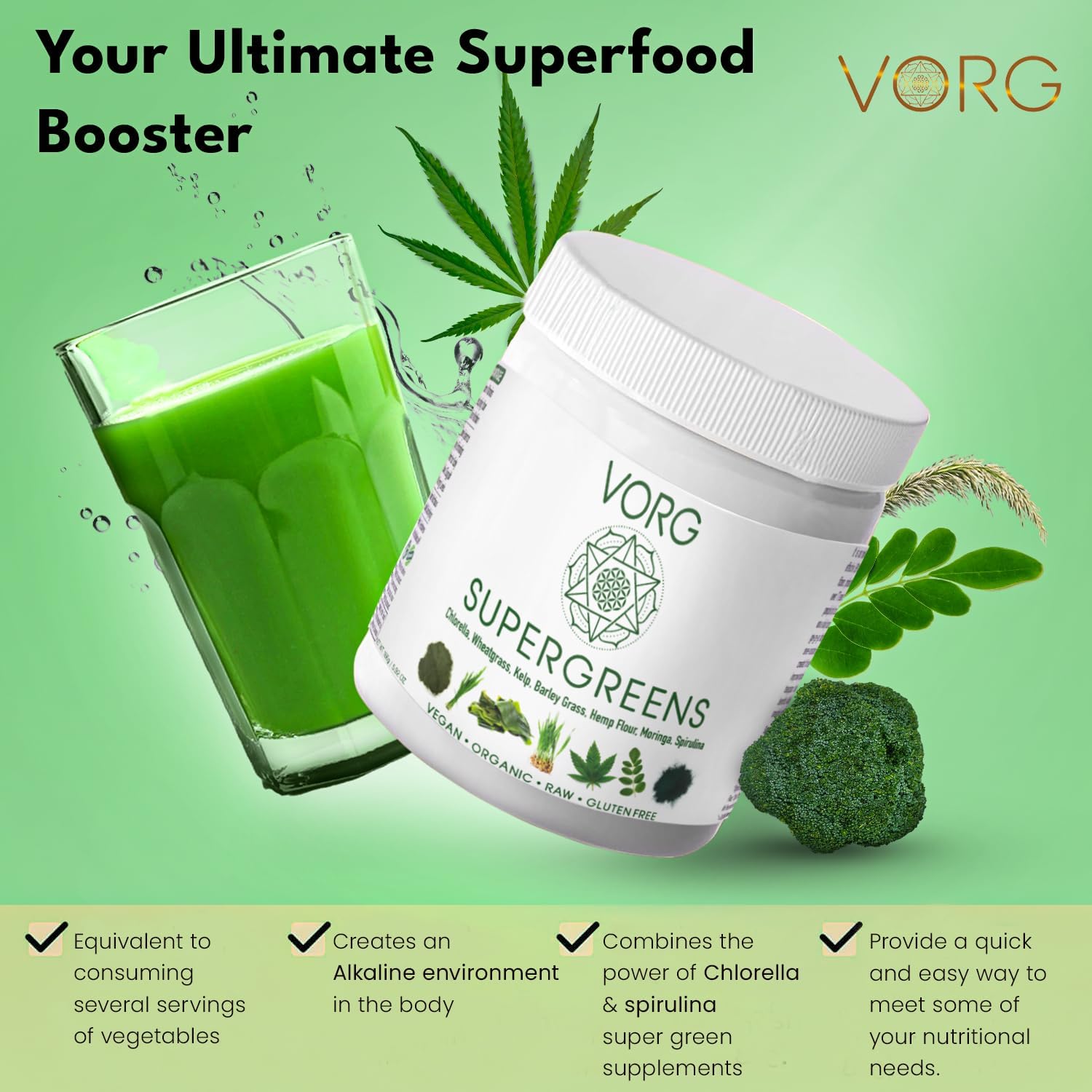 Organic SuperGreens Powder with Chlorella, Barley Grass, Moringa, Spirulina, Wheatgrass - Probiotics & Enzymes for Energy & Gut Health