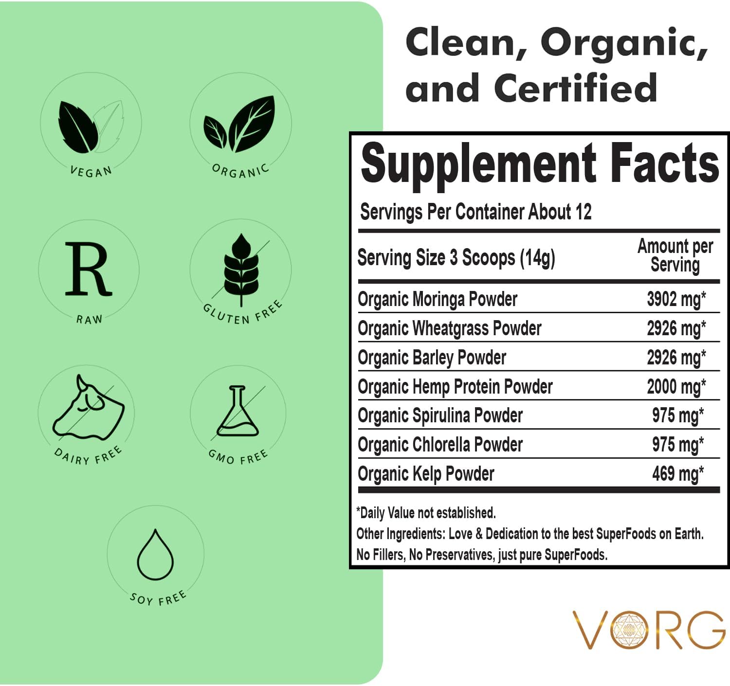 Organic SuperGreens Powder with Chlorella, Barley Grass, Moringa, Spirulina, Wheatgrass - Probiotics & Enzymes for Energy & Gut Health