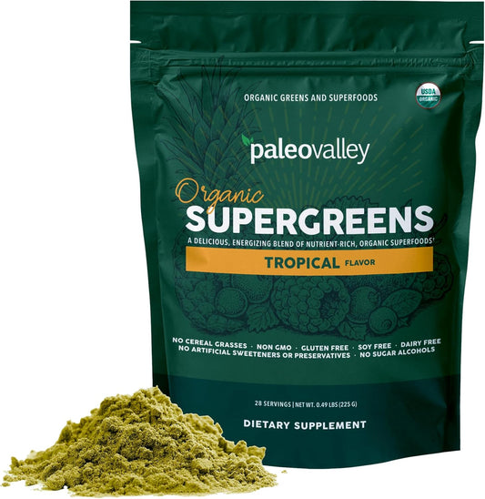 Organic Supergreens Powder with Prebiotic Fiber for Energy and Immunity - 23 Superfoods, No Cereal Grasses - Tropical Flavor, 30 Servings