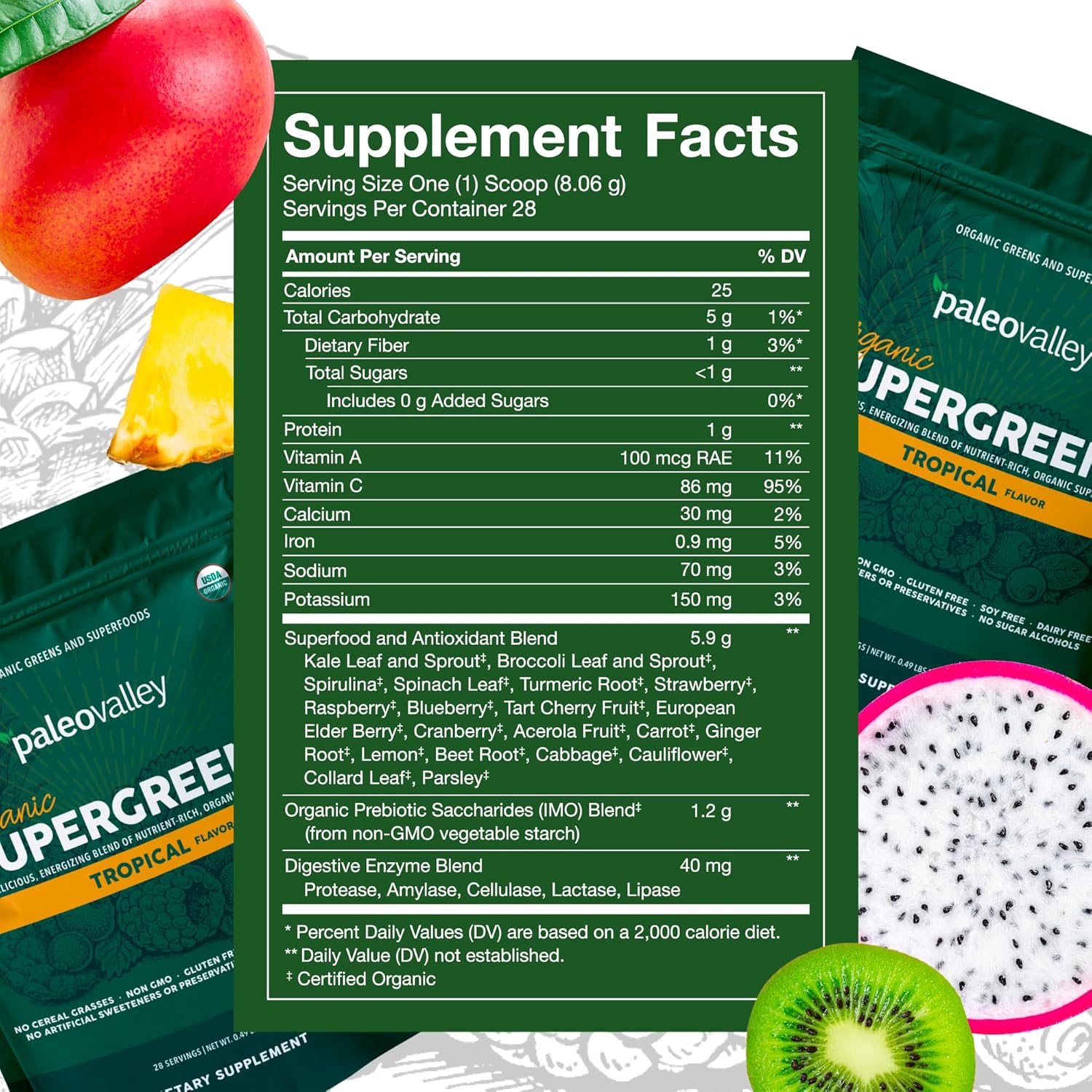 Organic Supergreens Powder with Prebiotic Fiber for Energy and Immunity - 23 Superfoods, No Cereal Grasses - Tropical Flavor, 30 Servings