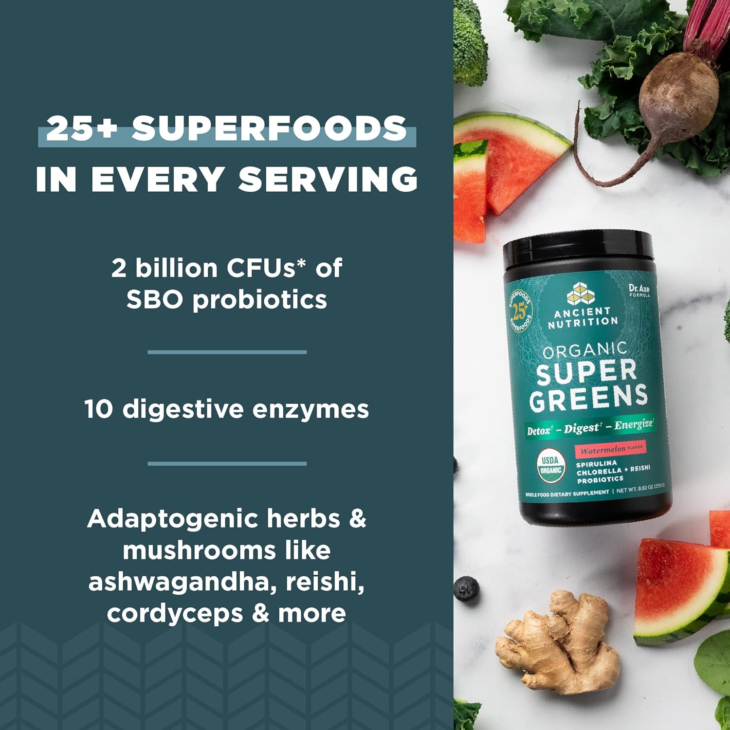 Organic SuperGreens Powder with Probiotics, Peppermint, Real Fruits & Vegetables - Digestive & Energy Support