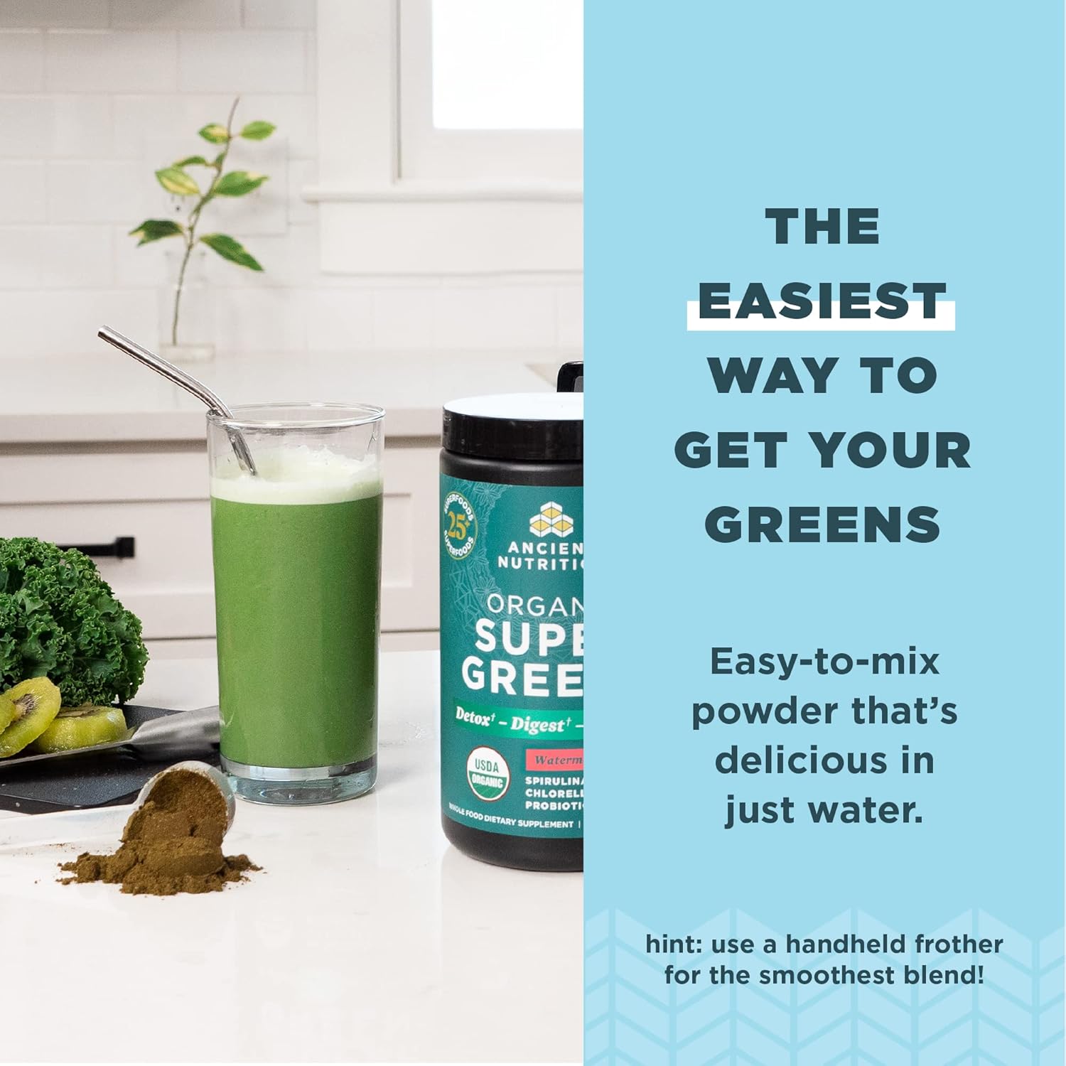 Organic SuperGreens Powder with Probiotics, Peppermint, Real Fruits & Vegetables - Digestive & Energy Support