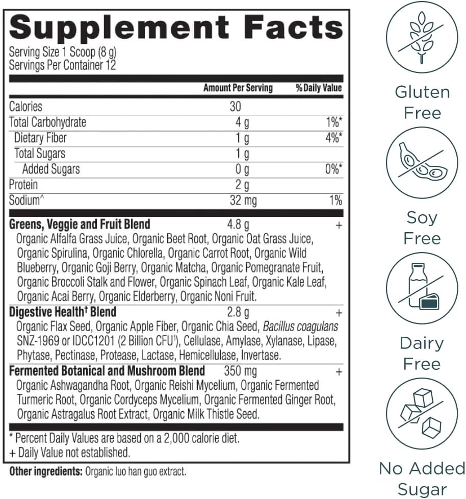 Organic SuperGreens Powder with Probiotics, Real Fruits and Vegetables, Digestive and Energy Support, 12 Servings