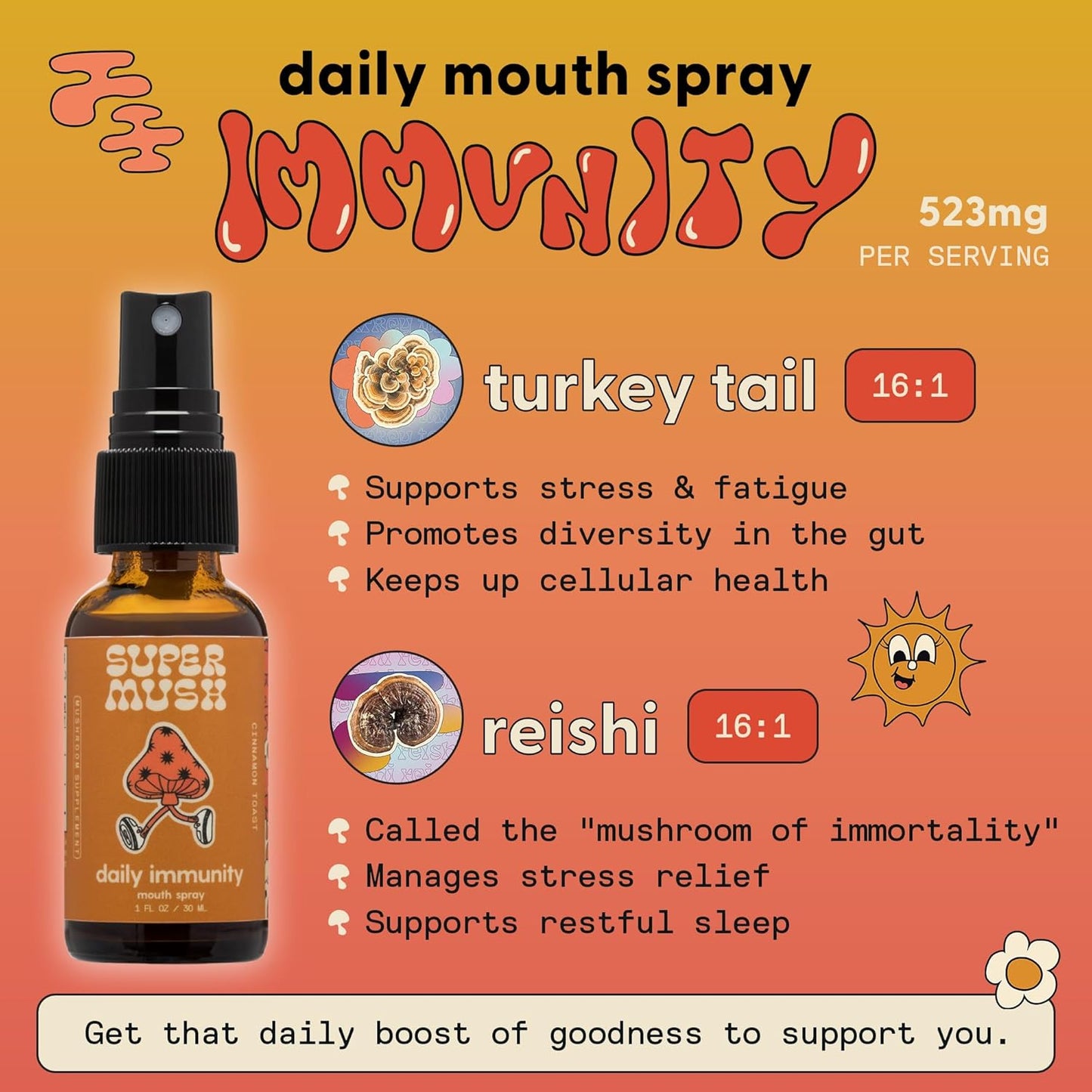 Organic SuperMush Daily Immunity Mouth Spray - Turkey Tail & Reishi Mushroom Extract - Immune & Digestive Health Support - 30ml