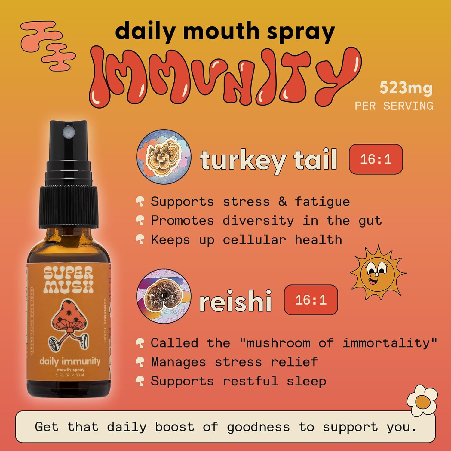 Organic SuperMush Daily Immunity Mouth Spray - Turkey Tail & Reishi Mushroom Extract - Immune & Digestive Health Support - 30ml