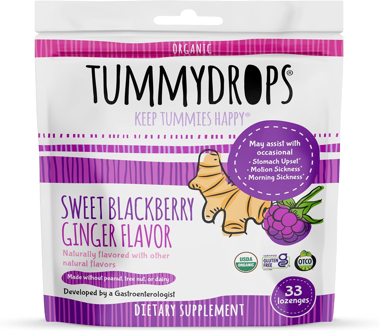Organic Sweet Blackberry Ginger Tummy Drops - USDA Certified
