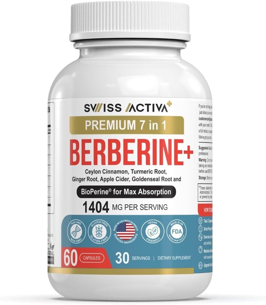 Organic Swiss Activa+ Berberine Supplement with Bioperine | 1025mg | Ceylon Cinnamon, Turmeric, Ginger, ACV, Goldenseal Root | Metabolic & Digestive Support | 30-Day Supply