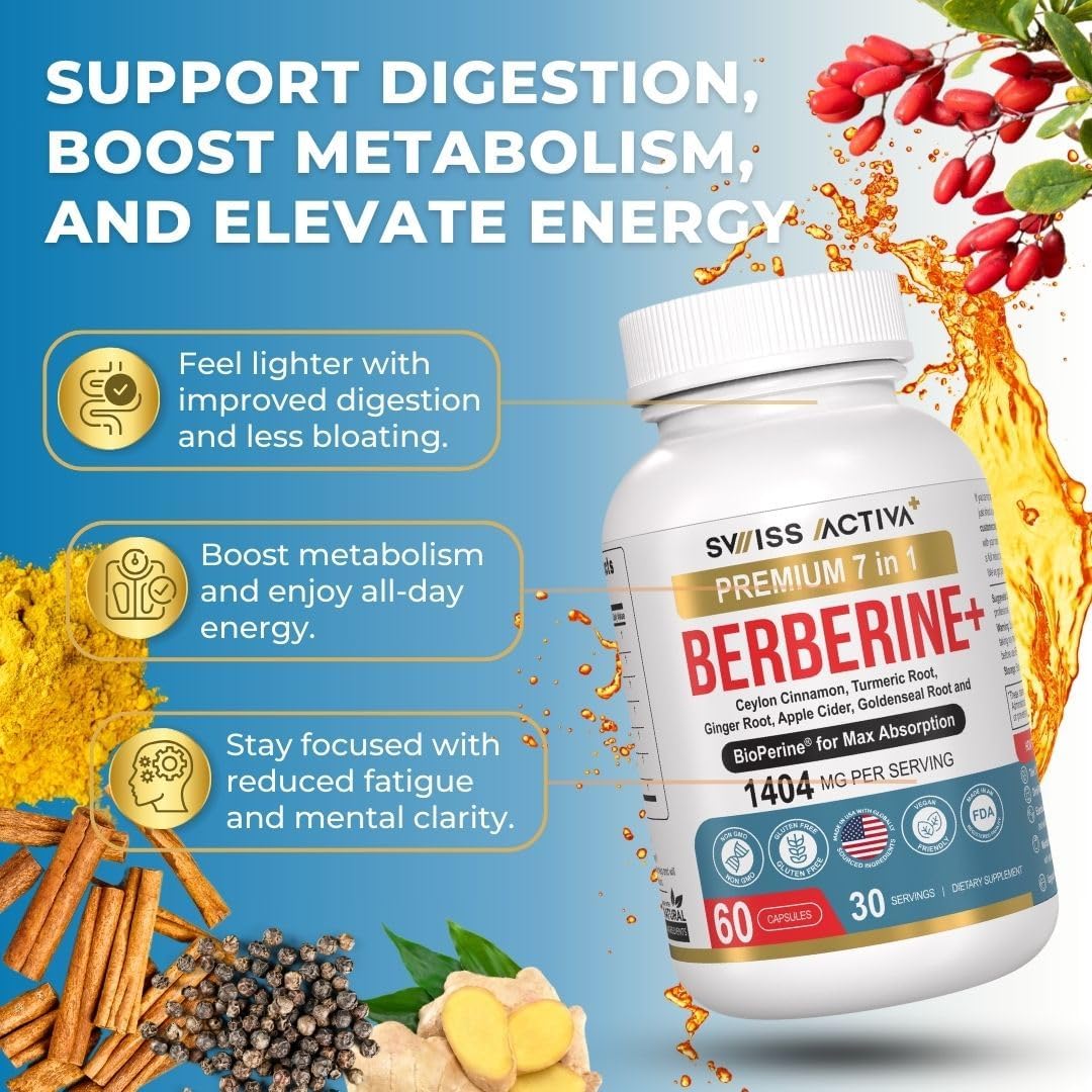 Organic Swiss Activa+ Berberine Supplement with Bioperine | 1025mg | Ceylon Cinnamon, Turmeric, Ginger, ACV, Goldenseal Root | Metabolic & Digestive Support | 30-Day Supply