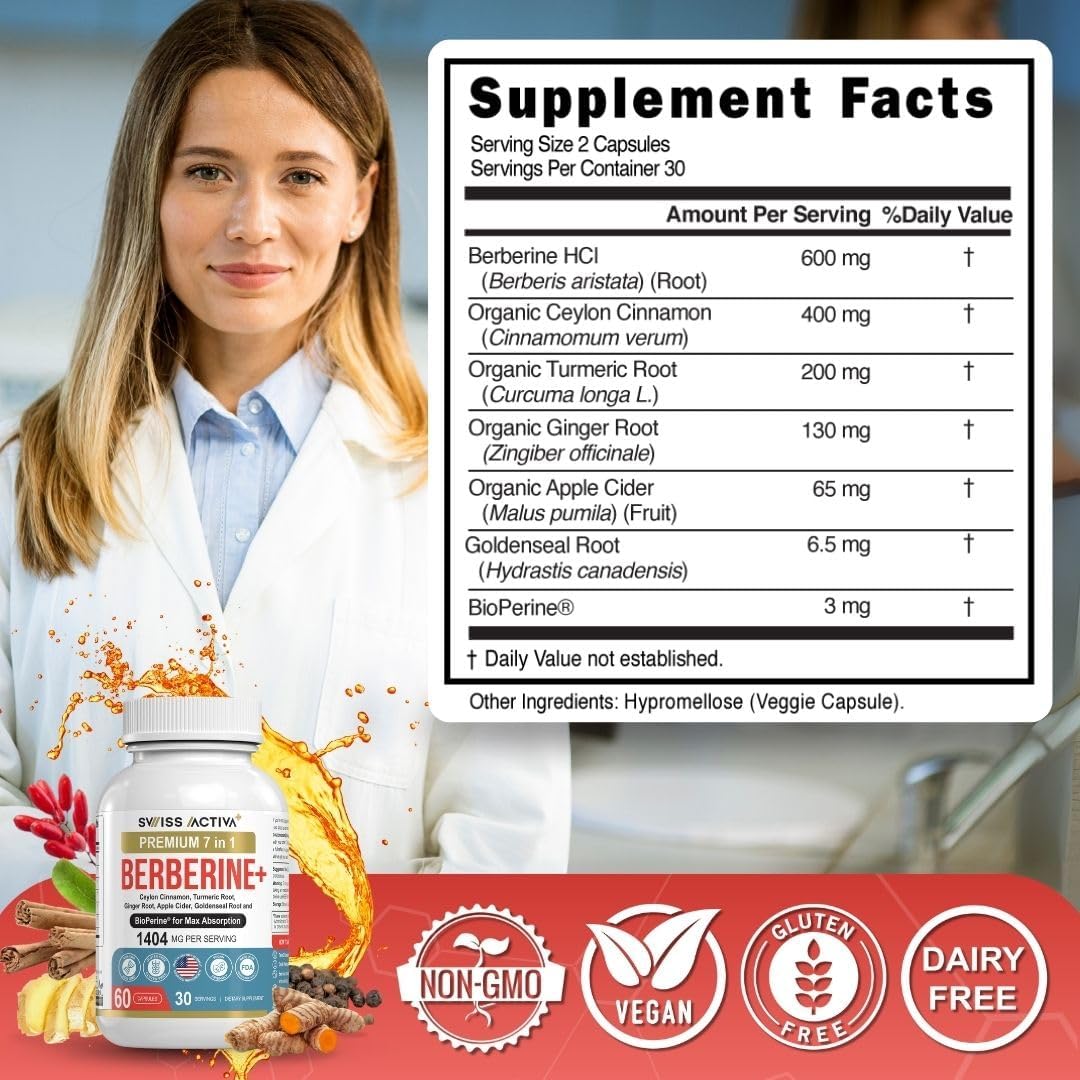 Organic Swiss Activa+ Berberine Supplement with Bioperine | 1025mg | Ceylon Cinnamon, Turmeric, Ginger, ACV, Goldenseal Root | Metabolic & Digestive Support | 30-Day Supply