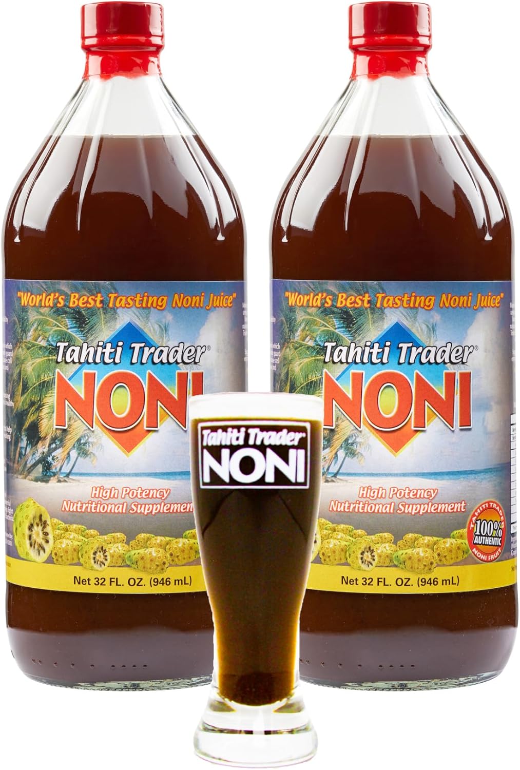 Organic Tahiti Trader High Potency Noni Juice with Blueberry & Raspberry - Antioxidant Superfood for Energy & Health - 32oz, 2 Pack