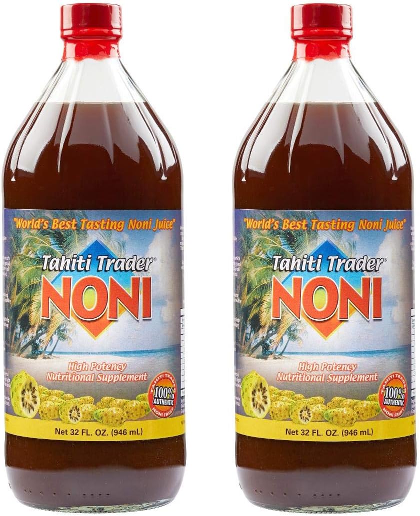 Organic Tahiti Trader High Potency Noni Juice with Blueberry & Raspberry - Antioxidant Superfood for Energy & Health - 32oz, 2 Pack