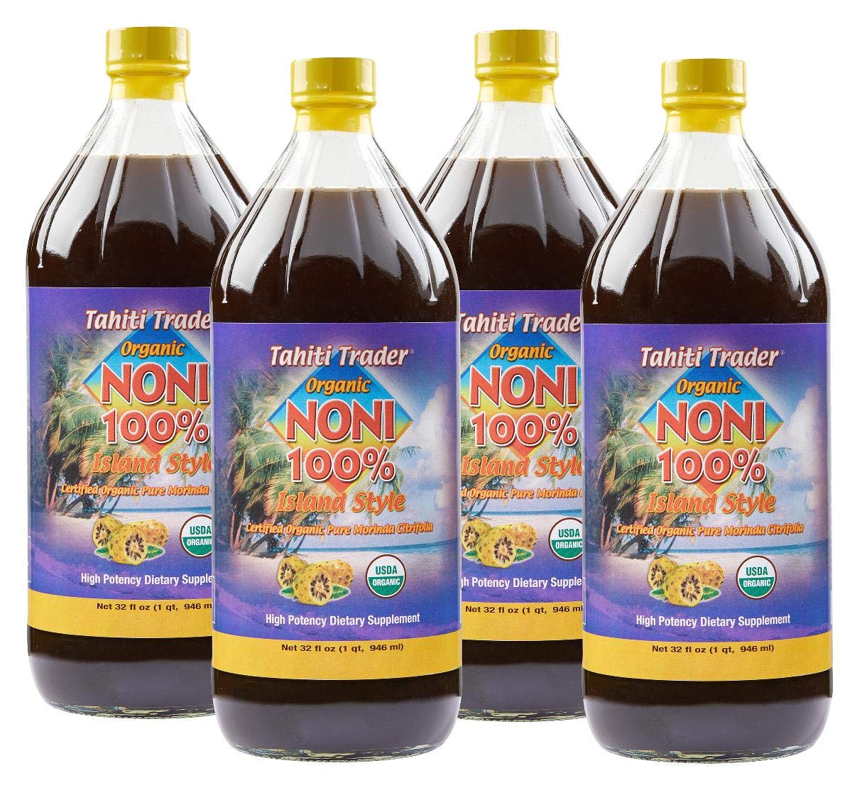 Organic Tahiti Trader Island Style High Potency Noni Juice - Pure Noni Fruit Vinegar - Antioxidant Superfood for Energy & Health - 32oz, 4 Pack