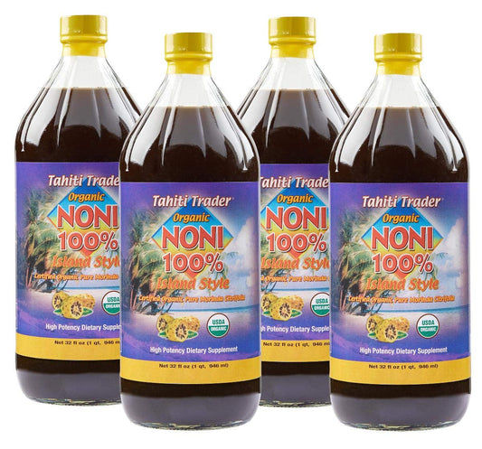 Organic Tahiti Trader Island Style High Potency Noni Juice - Pure Noni Fruit Vinegar - Antioxidant Superfood for Energy & Health - 32oz, 4 Pack