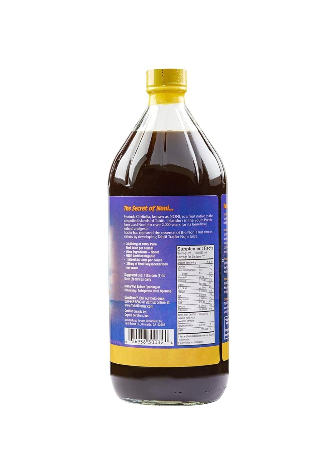 Organic Tahiti Trader Island Style High Potency Noni Juice - Pure Noni Fruit Vinegar - Antioxidant Superfood for Energy & Health - 32oz, 4 Pack