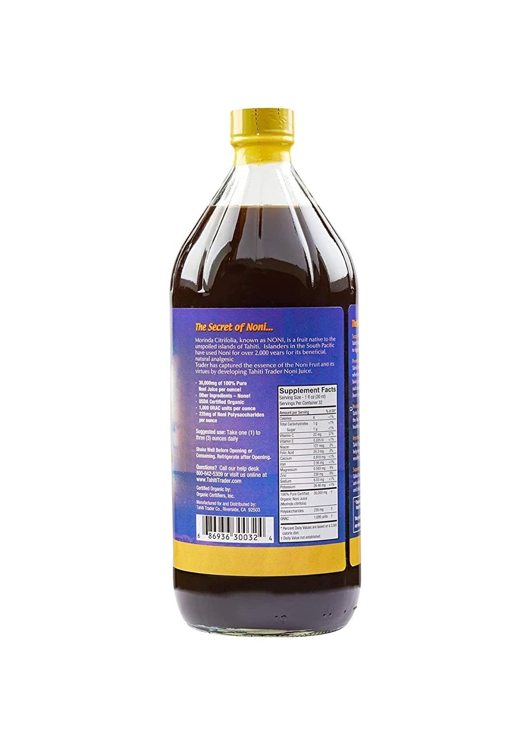 Organic Tahiti Trader Island Style High Potency Noni Juice - Pure Noni Fruit Vinegar - Antioxidant Superfood for Energy & Health - 32oz