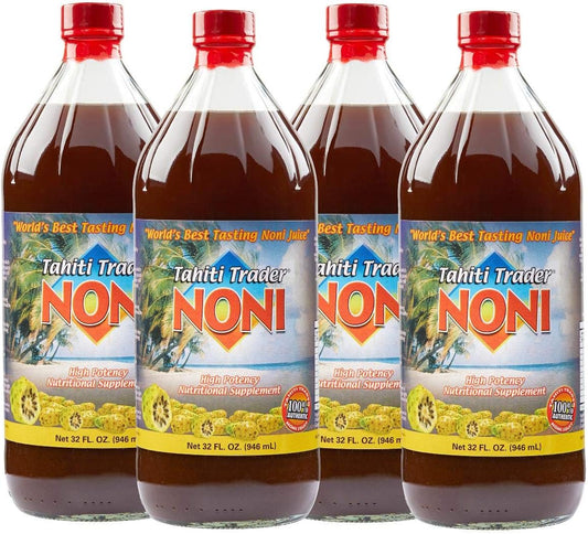 Organic Tahiti Trader Noni Juice with Blueberry & Raspberry, 4-Pack - High Potency Antioxidant Superfood for Energy & Health (128oz)