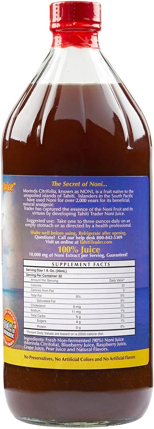 Organic Tahiti Trader Noni Juice with Blueberry & Raspberry, 4-Pack - High Potency Antioxidant Superfood for Energy & Health (128oz)