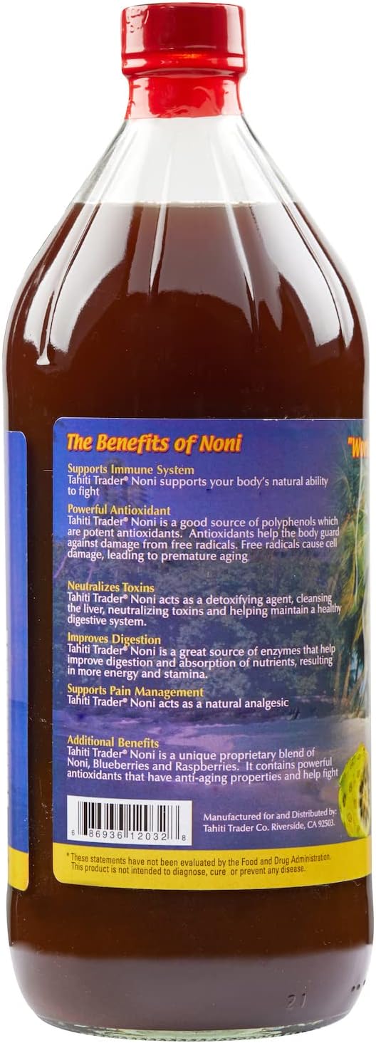 Organic Tahiti Trader Noni Juice with Blueberry & Raspberry, 4-Pack - High Potency Antioxidant Superfood for Energy & Health (128oz)