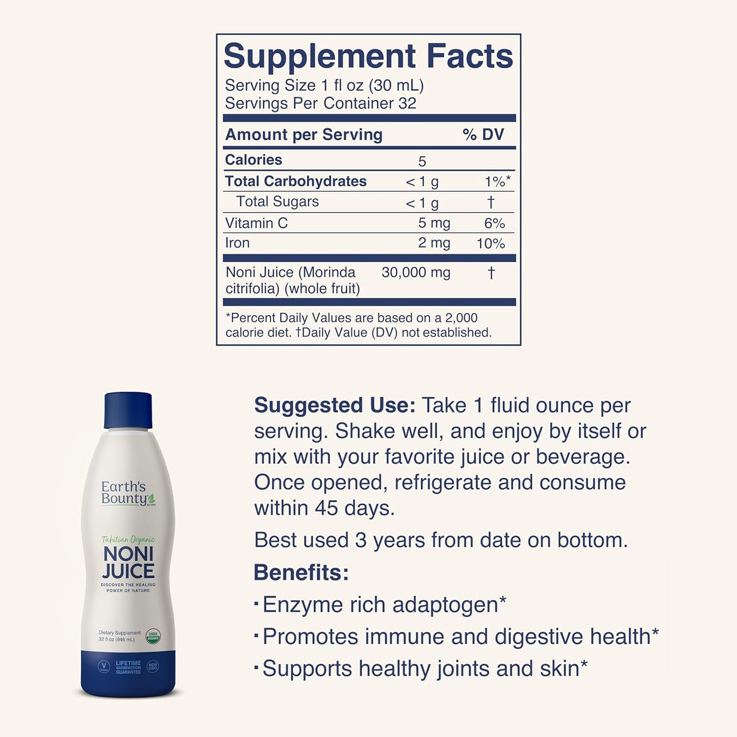 Organic Tahitian Noni Juice - 32 fl.oz - Pure Immune & Joint Support - Organic & Kosher - No Additives - Earth's Bounty