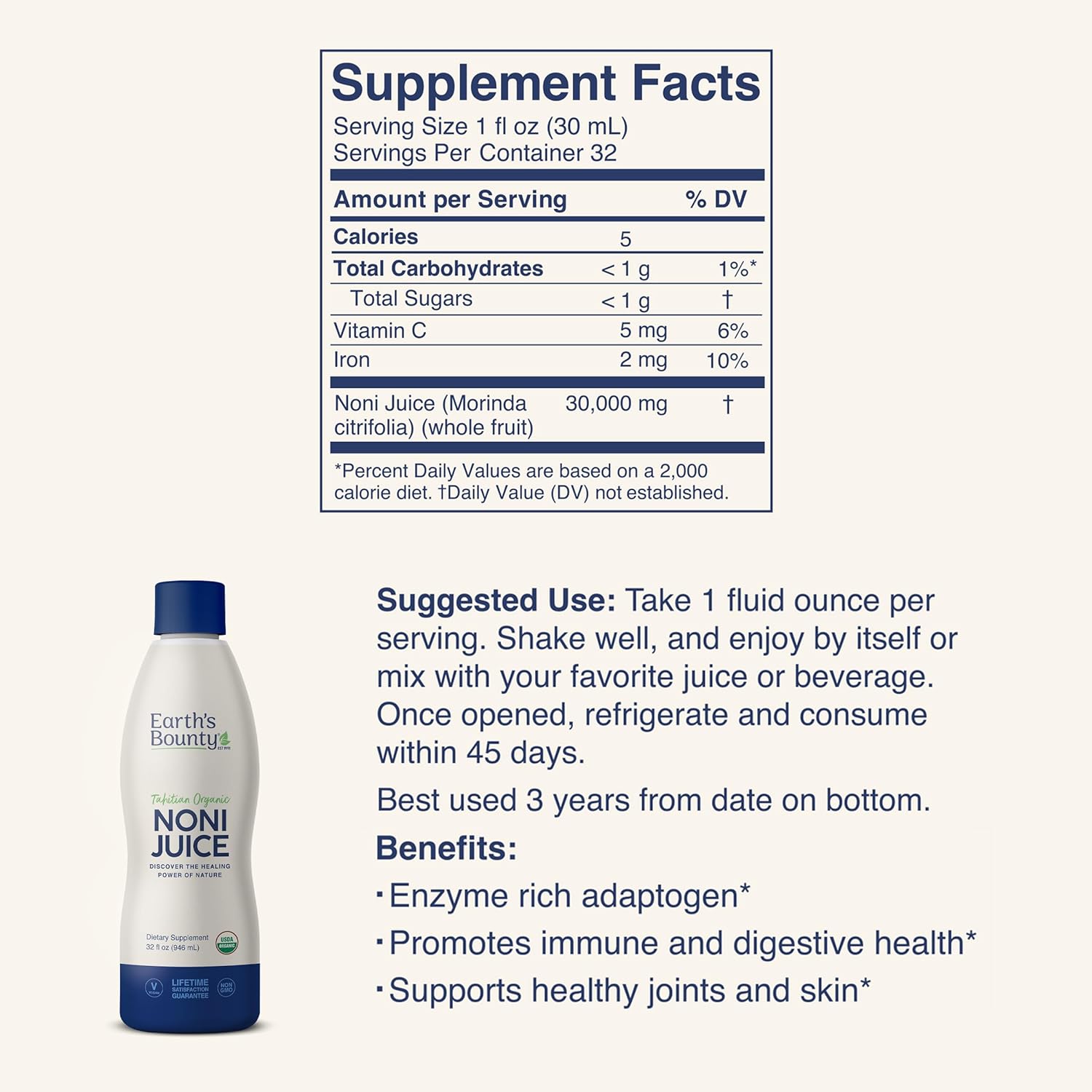 Organic Tahitian Noni Juice - 32 fl.oz - Pure Immune & Joint Support - Organic & Kosher - No Additives - Earth's Bounty