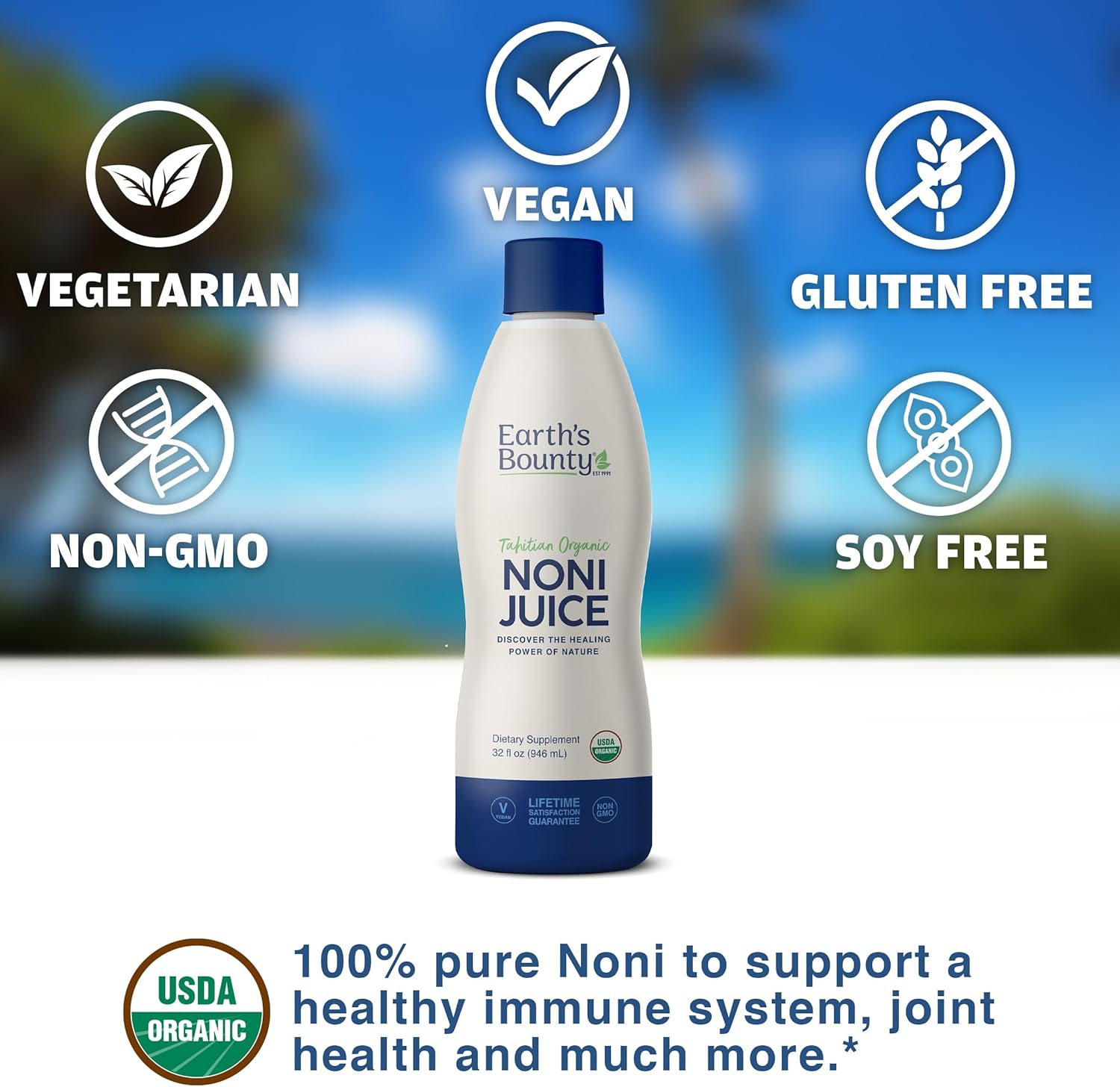 Organic Tahitian Noni Juice - 32 fl.oz - Pure Immune & Joint Support - Organic & Kosher - No Additives - Earth's Bounty