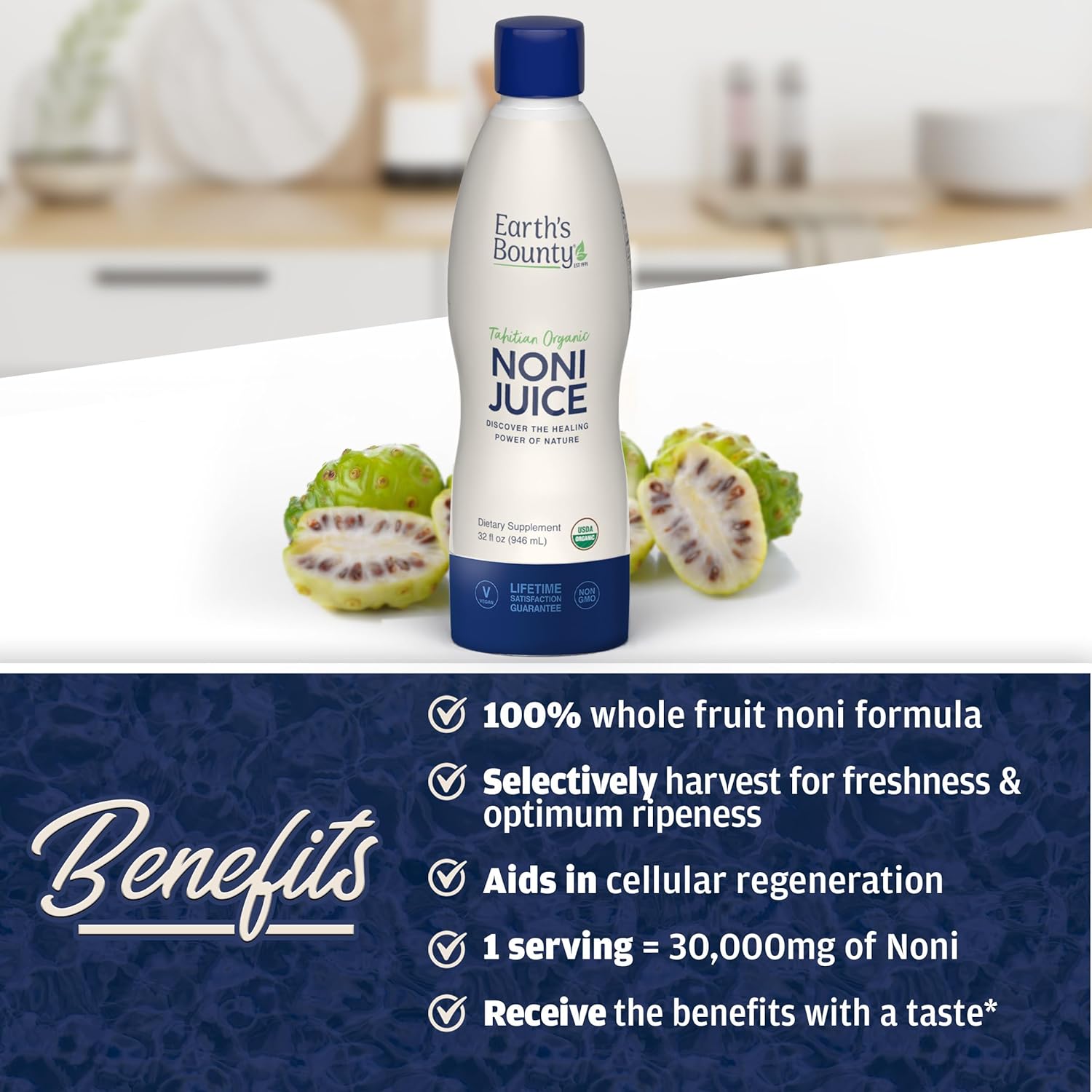 Organic Tahitian Noni Juice - 32 fl.oz - Pure Immune & Joint Support - Organic & Kosher - No Additives - Earth's Bounty