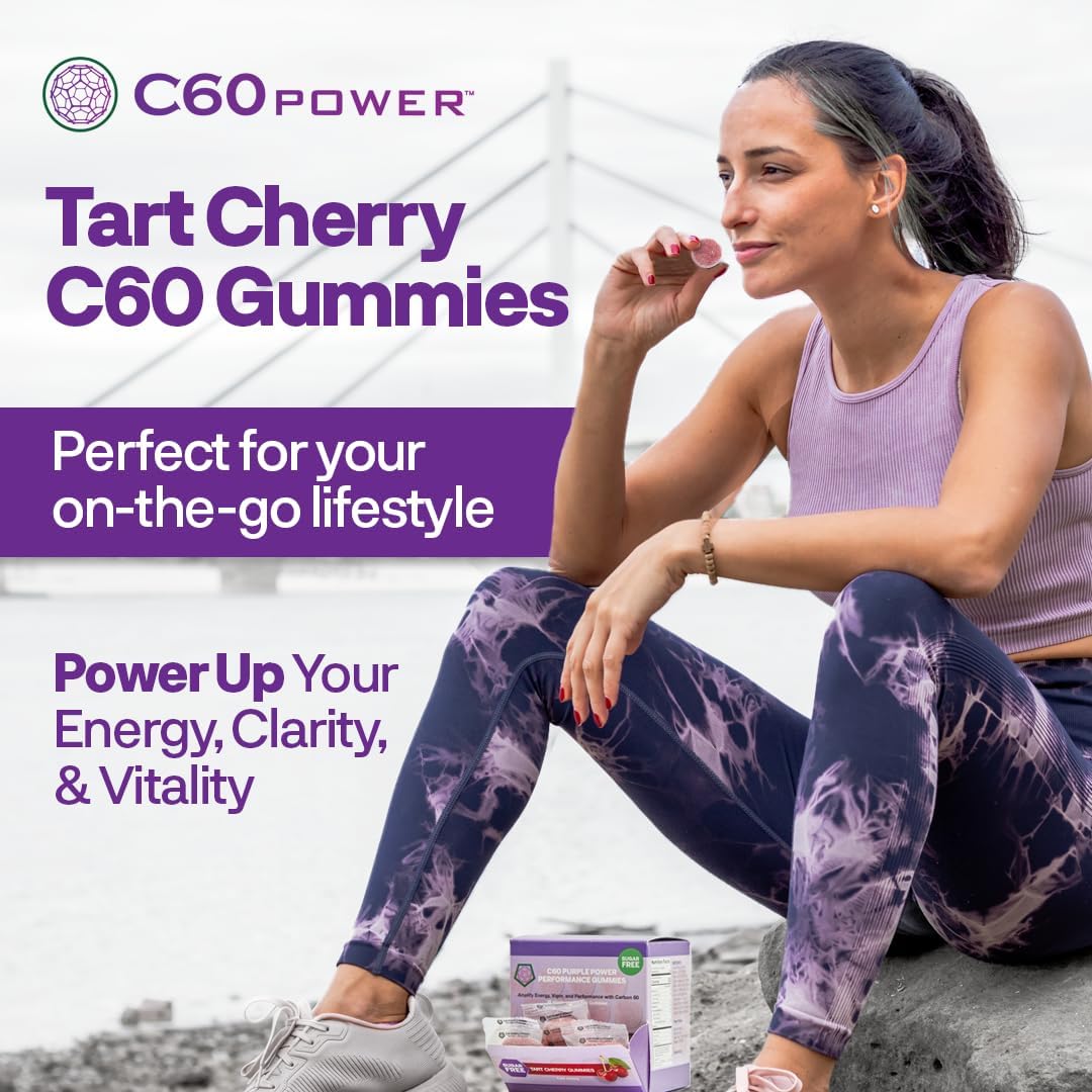 Organic Tart Cherry C60 Power Gummies - 30 Servings, 99.99% Pure C60 Carbon Fullerenes, Made in USA, Energy & Mental Clarity Support
