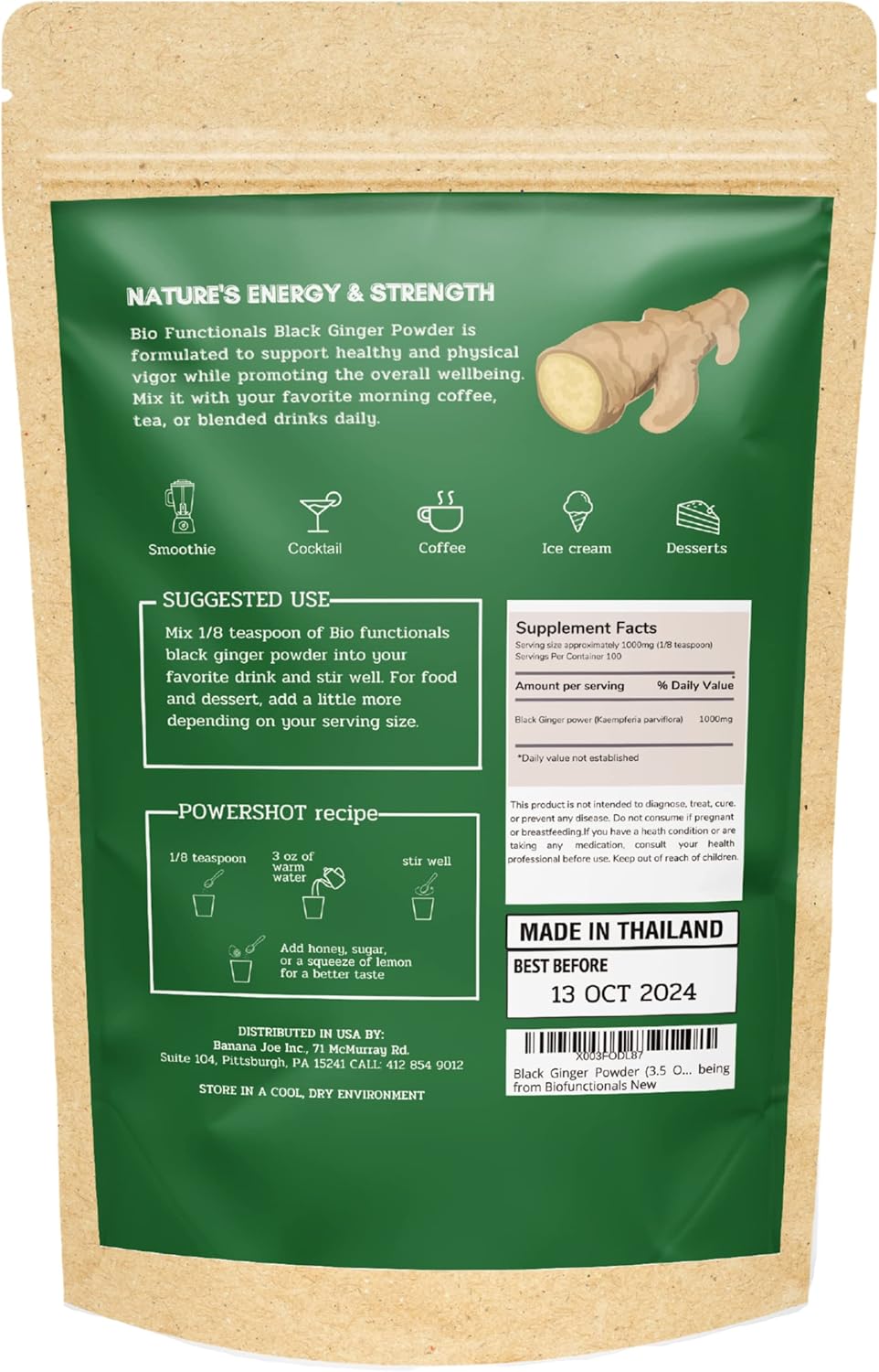 Organic Thai Black Ginger Powder - 3.5 Oz | Kaempferia Parvifora | Boosts Energy and Endurance