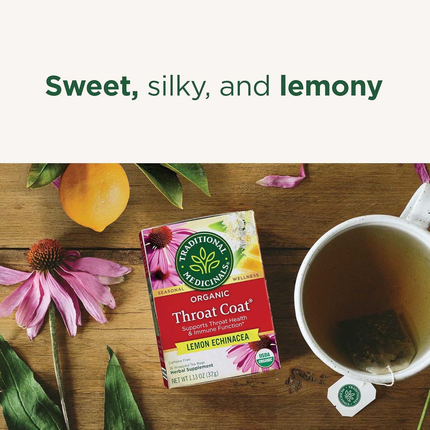 Organic Throat Coat Lemon Echinacea Tea - Supports Throat Health & Immune Function - 96 Tea Bags (3 Pack)