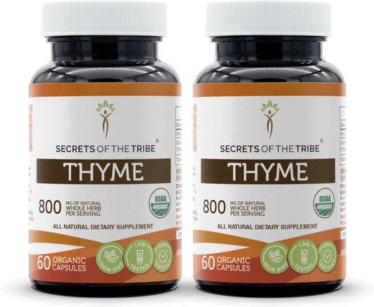Organic Thyme Capsules: Secrets of the Tribe, 2x60 with USDA Thymus Vulgaris for Toni Effect
