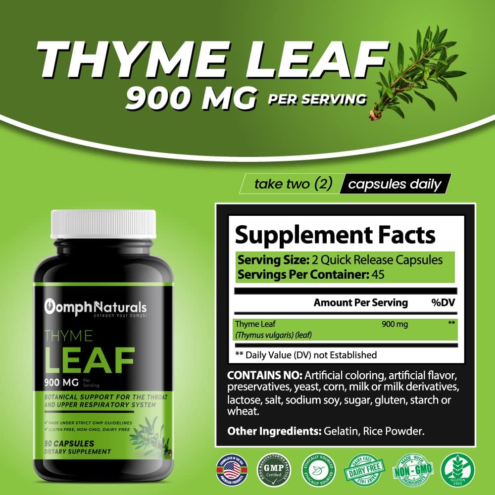 Organic Thyme Leaf Extract Capsules - 900mg Thymus Vulgaris, Non-GMO, Gluten Free Supplement for Respiratory Health - 90 Capsules
