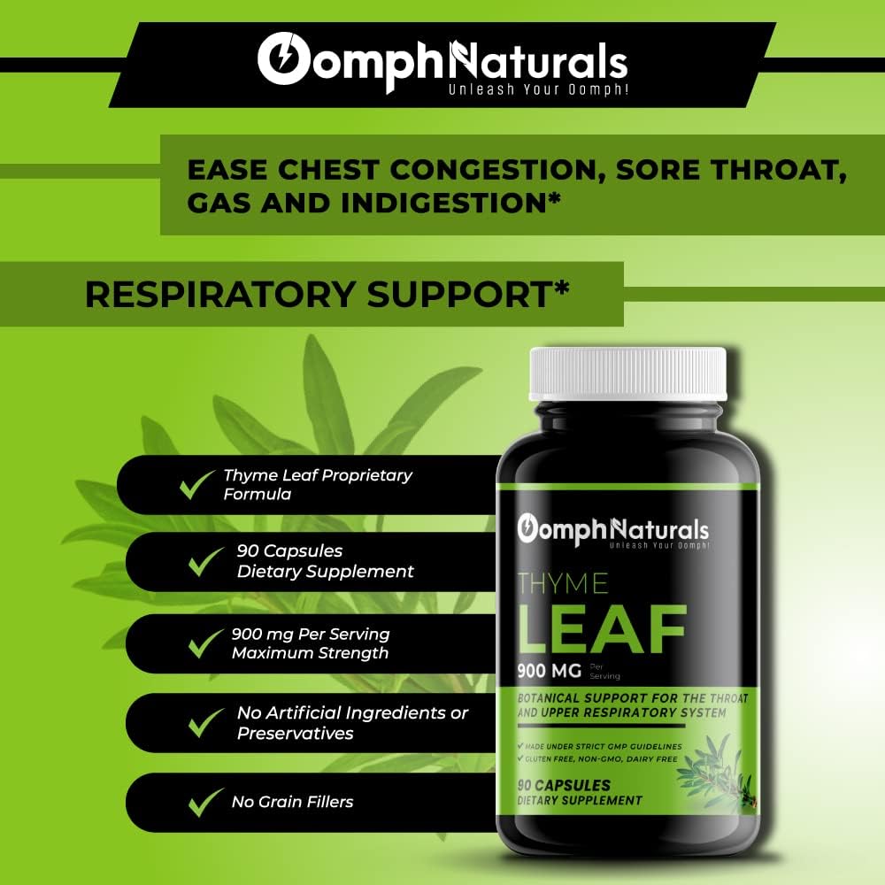 Organic Thyme Leaf Extract Capsules - 900mg Thymus Vulgaris, Non-GMO, Gluten Free Supplement for Respiratory Health - 90 Capsules
