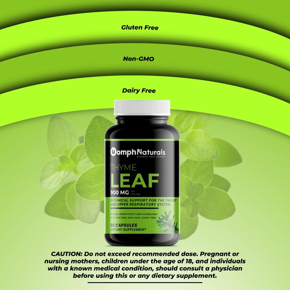 Organic Thyme Leaf Extract Capsules - 900mg Thymus Vulgaris, Non-GMO, Gluten Free Supplement for Respiratory Health - 90 Capsules