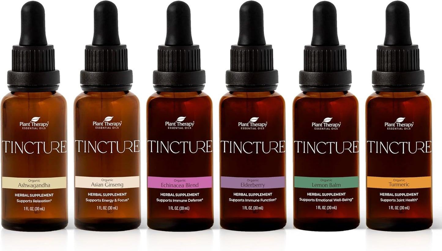 Organic Tincture Beginner Set - Ashwagandha, Ginseng, Echinacea, Elderberry, Lemon Balm, Turmeric - 30 mL Each