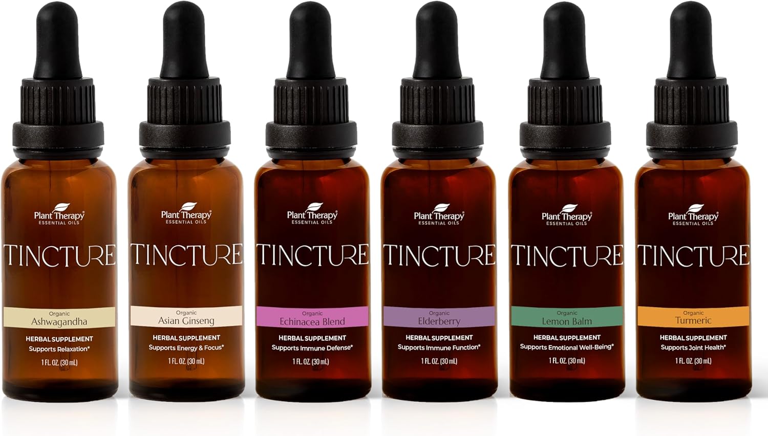 Organic Tincture Beginner Set - Ashwagandha, Ginseng, Echinacea, Elderberry, Lemon Balm, Turmeric - 30 mL Each