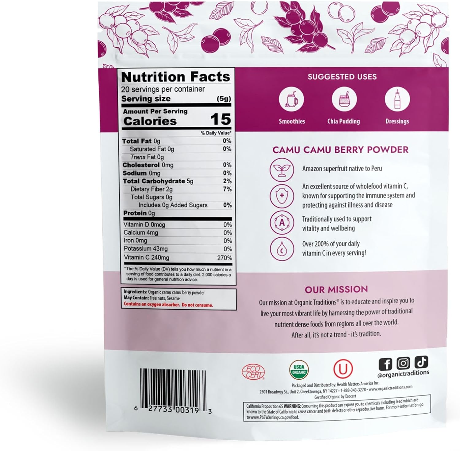 Organic Traditions Camu Camu Berry Powder 100g/3.5oz - Ideal Superfood for Smoothies and Recipes