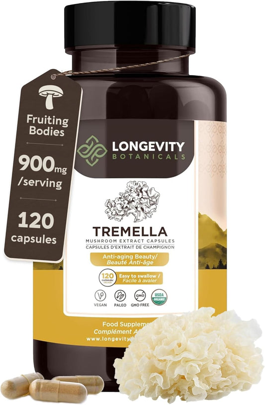 Organic Tremella Mushroom Capsules - Hydrated Skin & Memory Enhancement - 100% Fruiting Body - 120 Capsules
