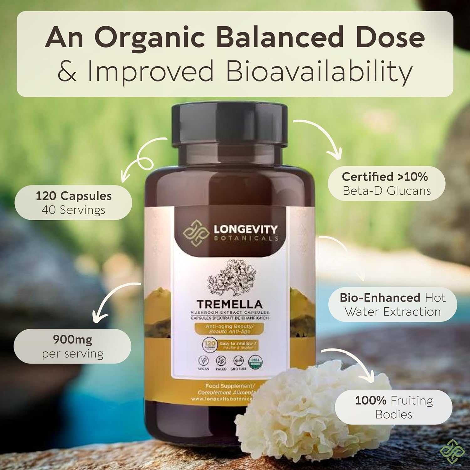 Organic Tremella Mushroom Capsules - Hydrated Skin & Memory Enhancement - 100% Fruiting Body - 120 Capsules