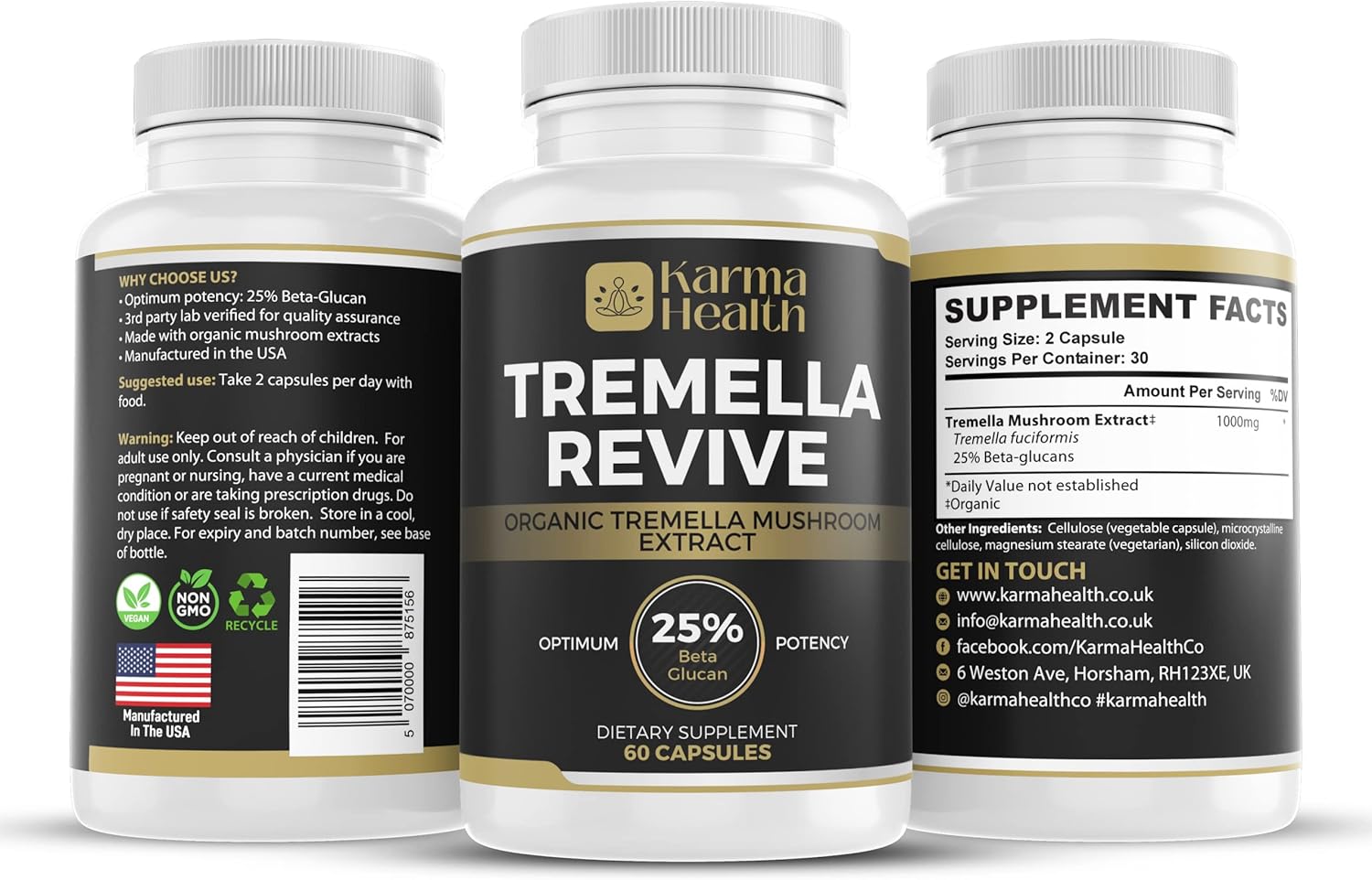 Organic Tremella Mushroom Capsules with 25% Beta Glucan - Vegan & GMO Free Supplement for Health and Wellness - BoostGo Australia