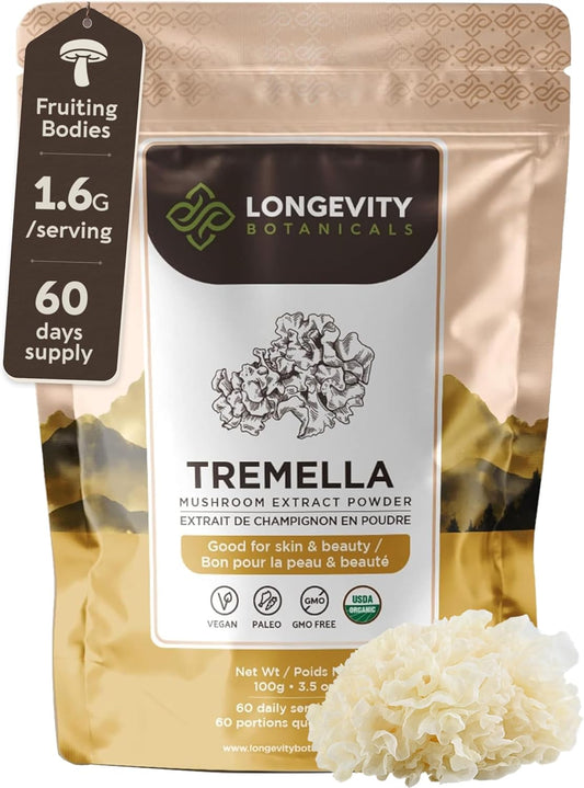 Organic Tremella Mushroom Powder for Healthy Skin & Memory - Ultra Concentrated Supplement - 100% Fruiting Body - 100g