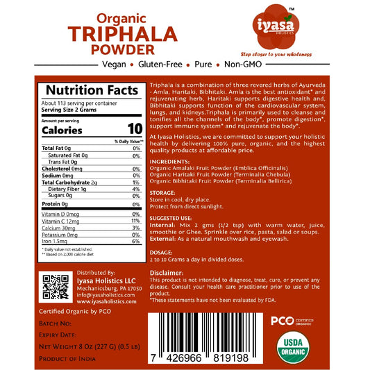 Organic Triphala Powder: Ayurvedic Superfood for Natural Body Detox and Bowel Cleansing - 8 Ounce