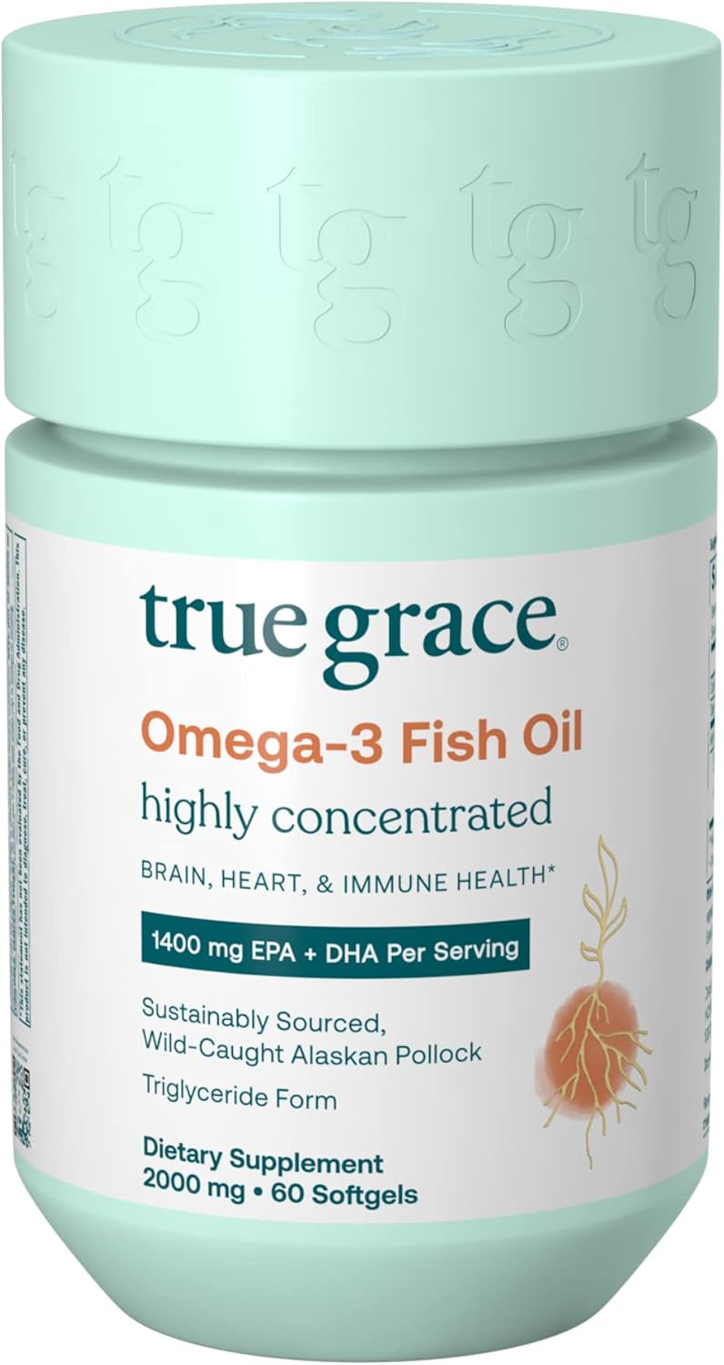 Organic True Grace Omega-3 Fish Oil Softgels - 1400mg EPA + DHA - Supports Brain, Heart, Joint & Immune Health - Gluten and Soy Free - 60 Count