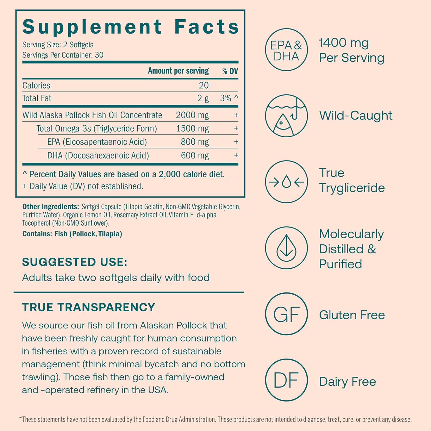 Organic True Grace Omega-3 Fish Oil Softgels - 1400mg EPA + DHA - Supports Brain, Heart, Joint & Immune Health - Gluten and Soy Free - 60 Count