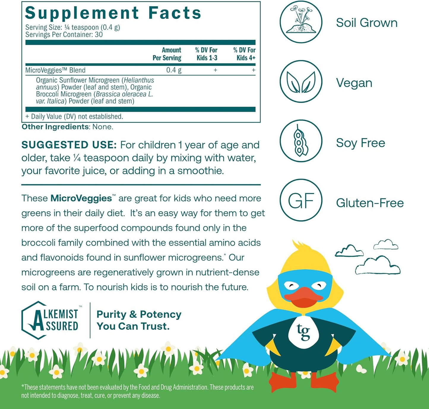 Organic True Grace True Littles MicroVeggies Superfood Powder for Kids - 0.4 oz - Immune Support - Gluten & Soy Free - Vegan - 30 Servings