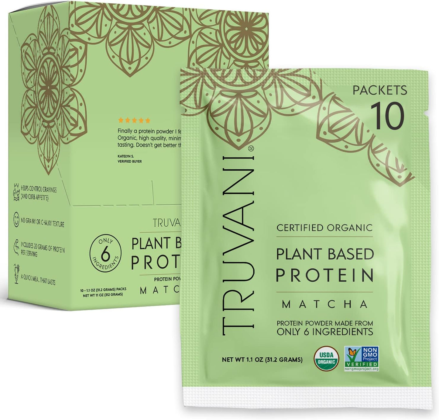 Organic Truvani Vegan Pea Protein Powder with Matcha - 20g Plant-Based Protein, 10 Travel Packets, Keto-Friendly, Gluten & Dairy Free, Low Carb, No Sugar Added