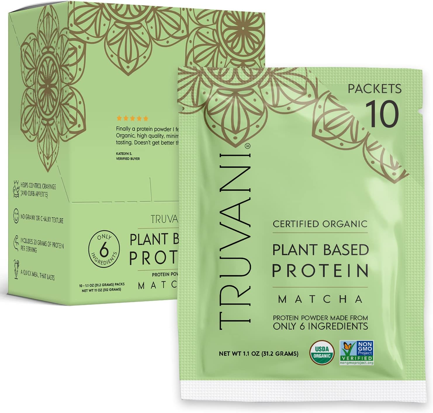 Organic Truvani Vegan Pea Protein Powder with Matcha - 20g Plant-Based Protein, 10 Travel Packets, Keto-Friendly, Gluten & Dairy Free, Low Carb, No Sugar Added