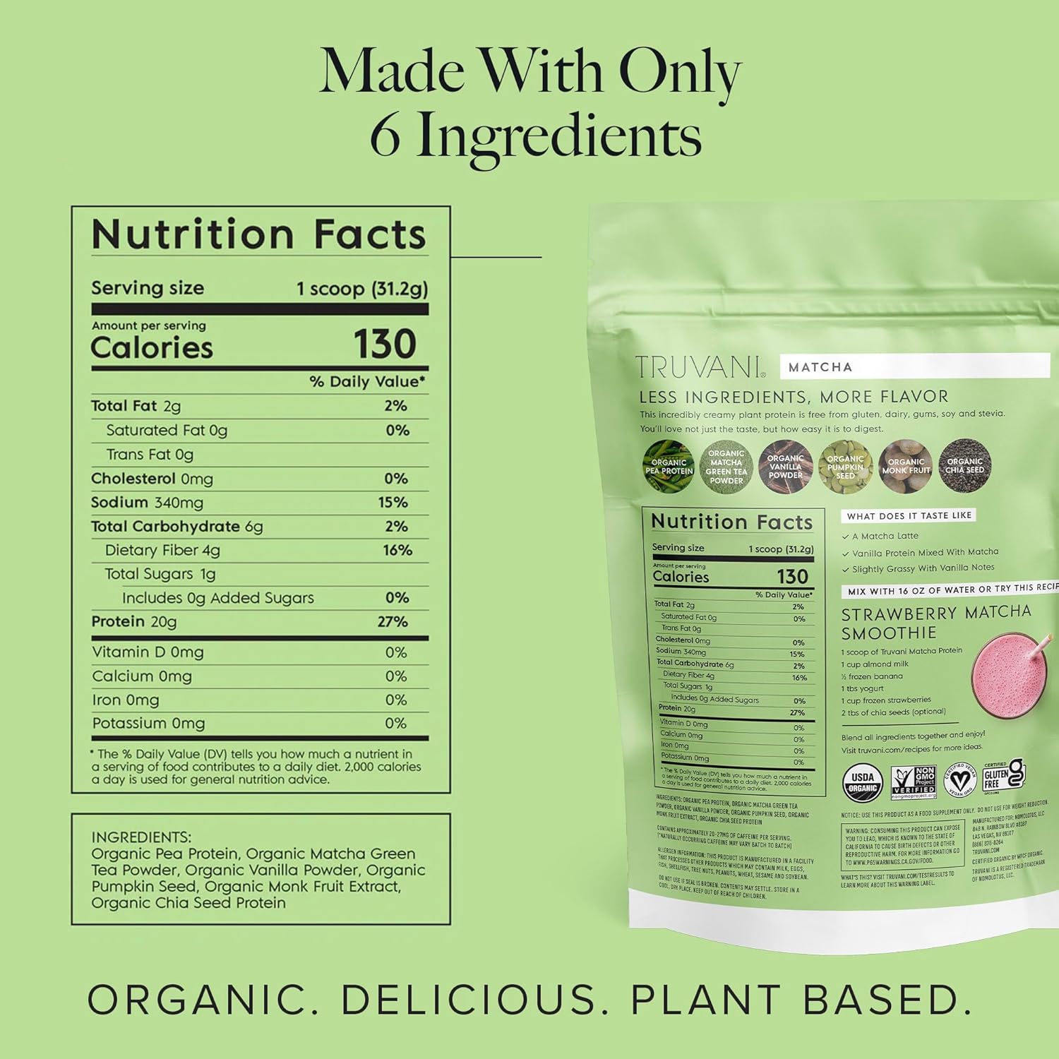 Organic Truvani Vegan Pea Protein Powder with Matcha - 20g Plant-Based Protein, 10 Travel Packets, Keto-Friendly, Gluten & Dairy Free, Low Carb, No Sugar Added