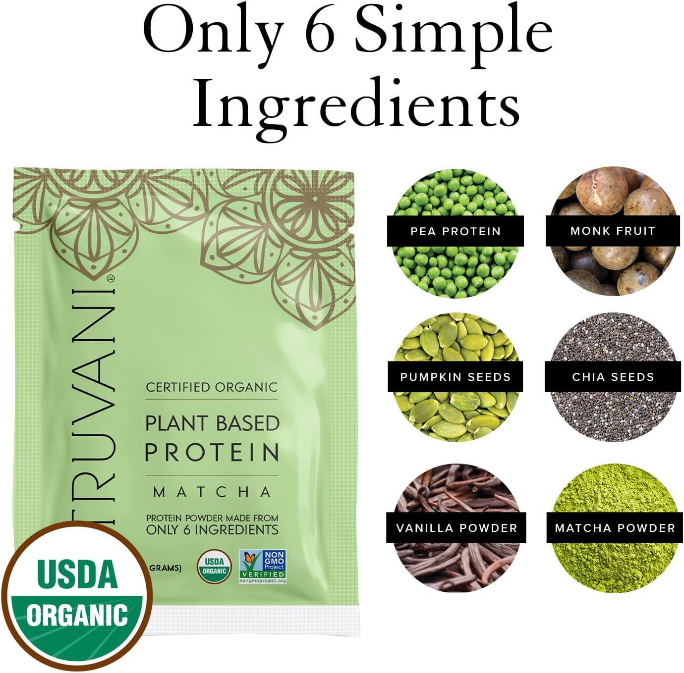 Organic Truvani Vegan Pea Protein Powder with Matcha - 20g Plant-Based Protein, 10 Travel Packets, Keto-Friendly, Gluten & Dairy Free, Low Carb, No Sugar Added